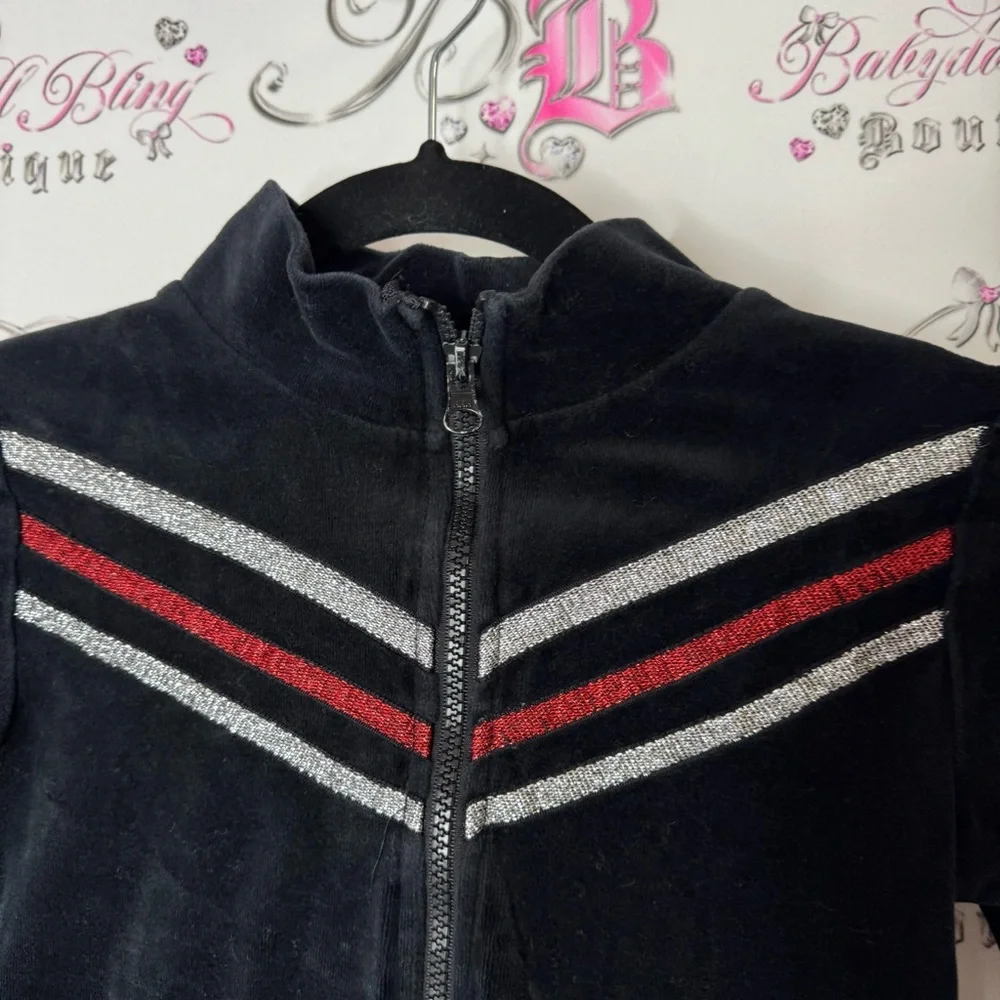 Kim possible sweater zip up Black Velour Jacket with Red and Silver Stripes - Picture 3 of 9